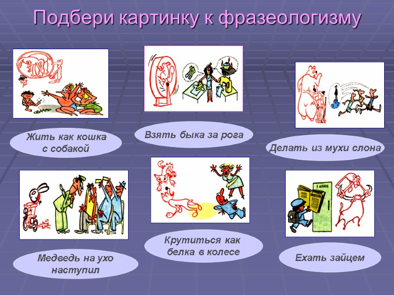 Подбери картинку к фразеологизму Жить как кошка с собакой Взять быка за рога Делать